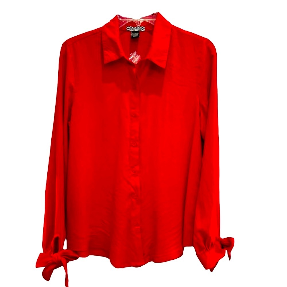 Belle Tweed Size Medium True Red 100% Rayon Long Sleeve Top w/Tie Cuffs